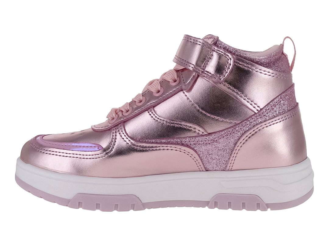 Tenis botín para niña en color rosa metálico con detalles de glitter y suela blanca.
