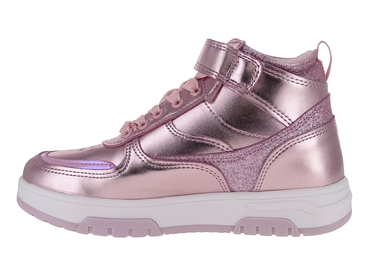 Tenis botín para niña en color rosa metálico con detalles de glitter y suela blanca.