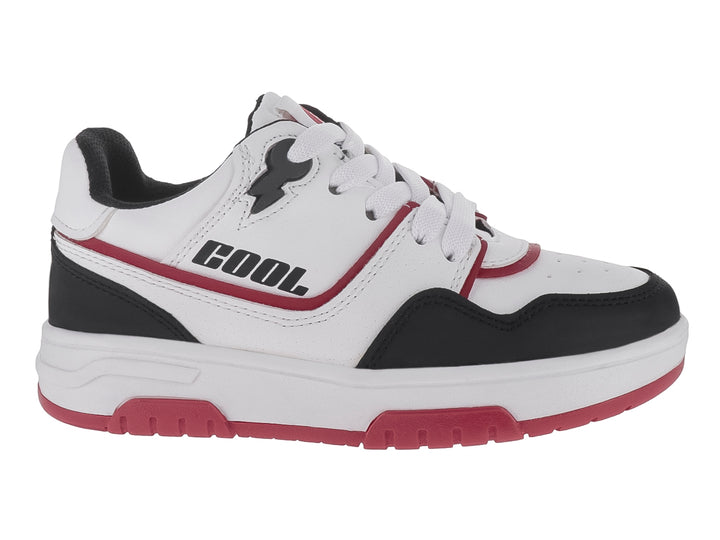 Tenis infantiles blancos con detalles en negro y suela roja, estilo deportivo.