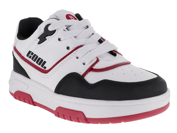 Tenis infantiles blancos con detalles en negro y suela roja, estilo deportivo.