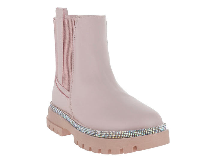 Botas color rosa rich para niña con detalle de brillantes en la suela y paneles elásticos laterales.