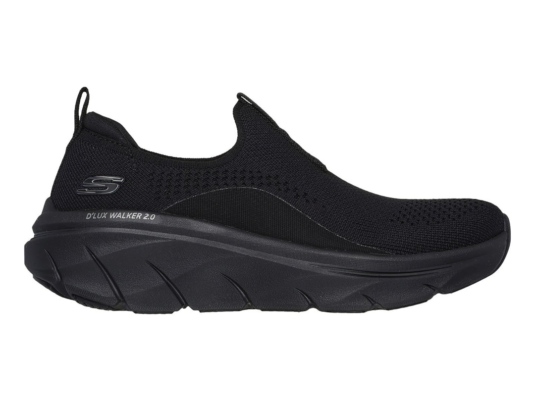 Tenis SKECHERS D LUX WALKER 2.0 color negro, estilo slip-on con tejido transpirable y suela gruesa.