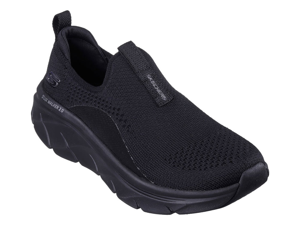 Tenis SKECHERS D LUX WALKER 2.0 color negro, estilo slip-on con tejido transpirable y suela gruesa.