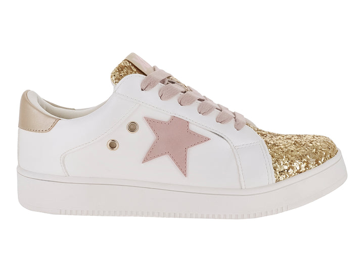 Tenis blancos para niños con punta y detalles en glitter dorado y una estrella en el costado.
