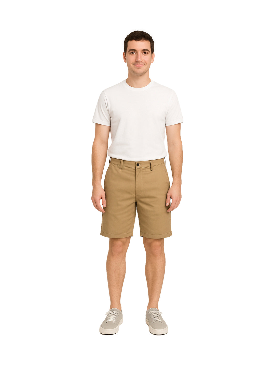 Hombre vistiendo shorts de gabardina color khaki y camiseta blanca sobre fondo blanco.