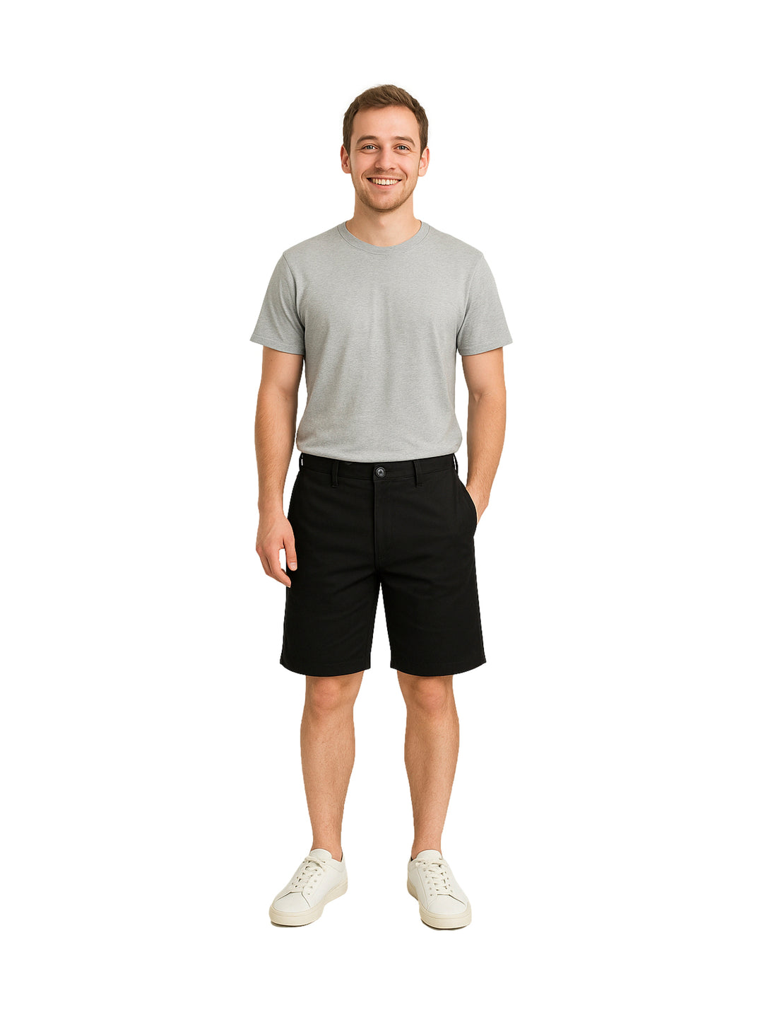 Hombre vistiendo shorts negros Vertical Eagle y camiseta gris sobre fondo blanco.