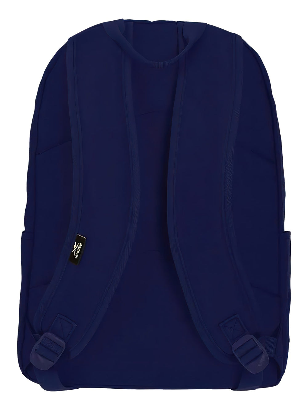 Mochila deportiva Reebok de color azul marino con logotipo blanco en la parte superior y bolsillo frontal.