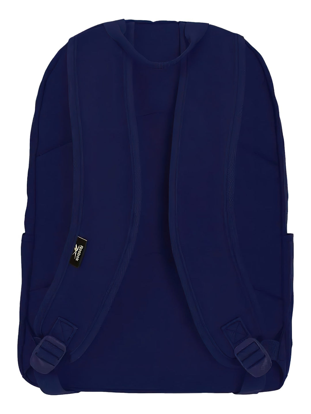 Mochila deportiva Reebok de color azul marino con logotipo blanco en la parte superior y bolsillo frontal.