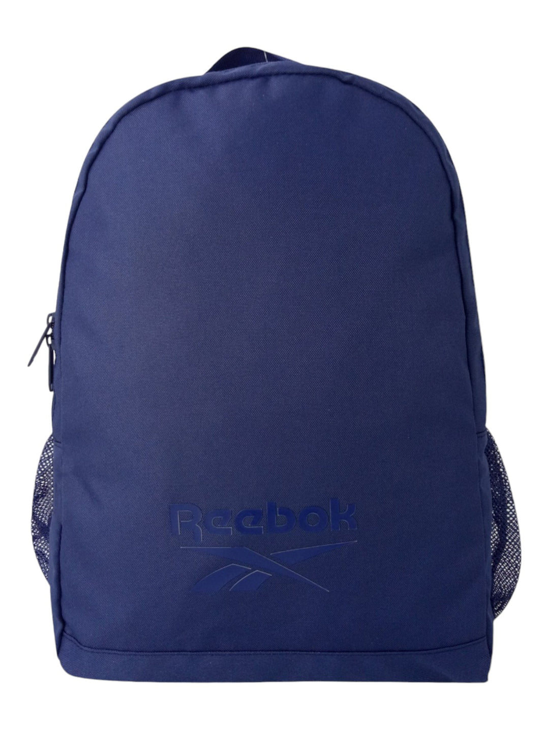 Mochila Reebok de color azul marino con logotipo frontal y bolsillos laterales de malla.