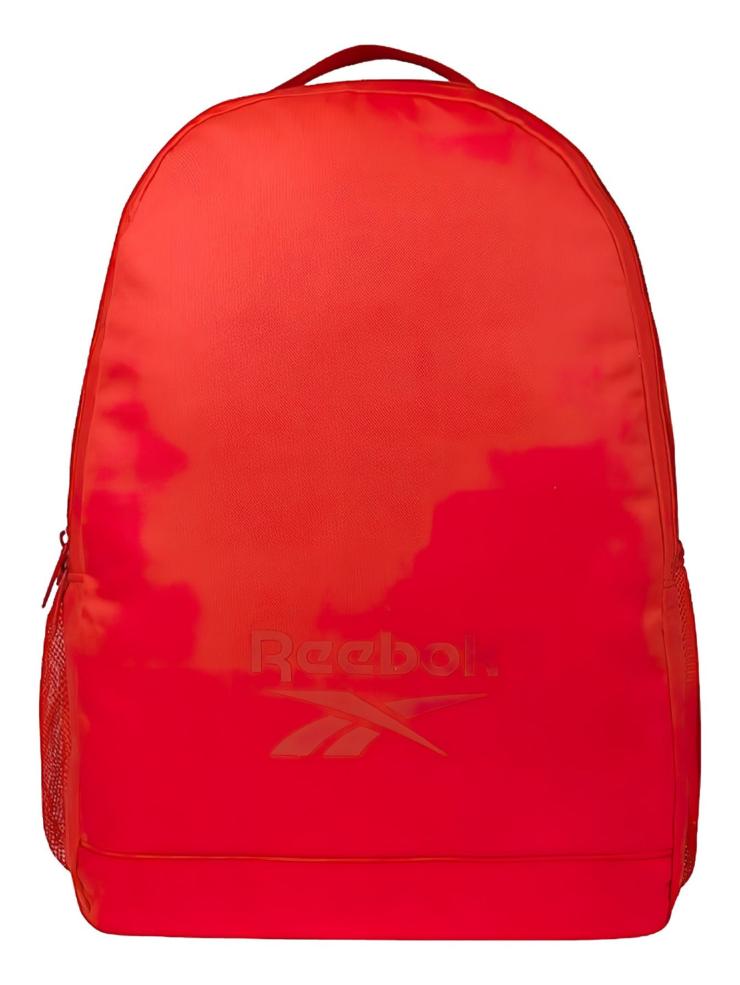 Mochila deportiva Reebok de color rojo con logotipo frontal y bolsillos laterales de malla.