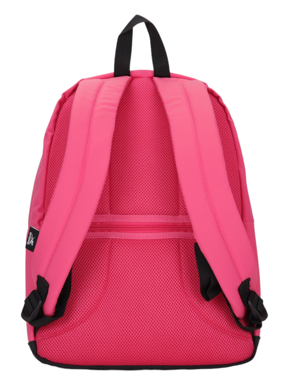 Mochila deportiva Reebok de color rosa con detalles y logotipo en negro.