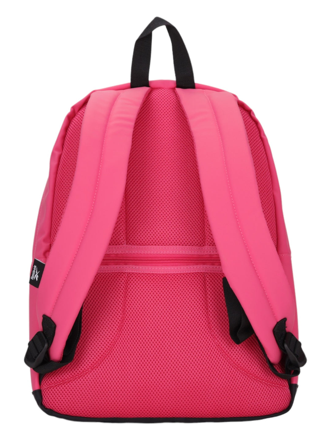 Mochila deportiva Reebok de color rosa con detalles y logotipo en negro.