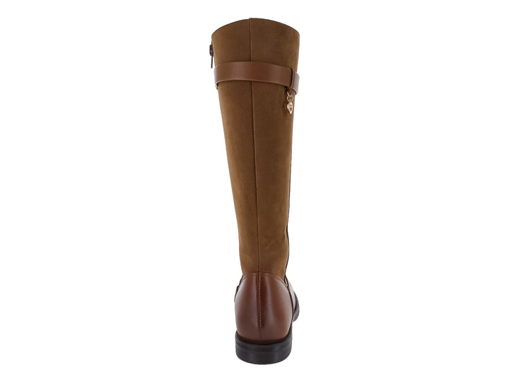 Bota alta color miel con detalles en gamuza y suela negra para Mujer.