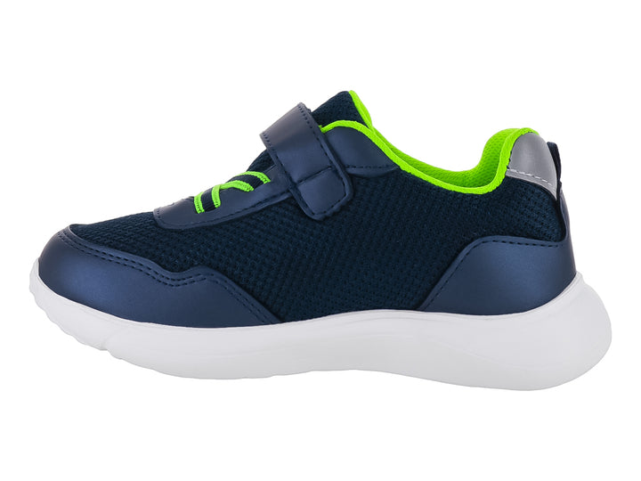 Tenis deportivos infantiles color azul marino con suela blanca y un gráfico de cohete en el costado.
