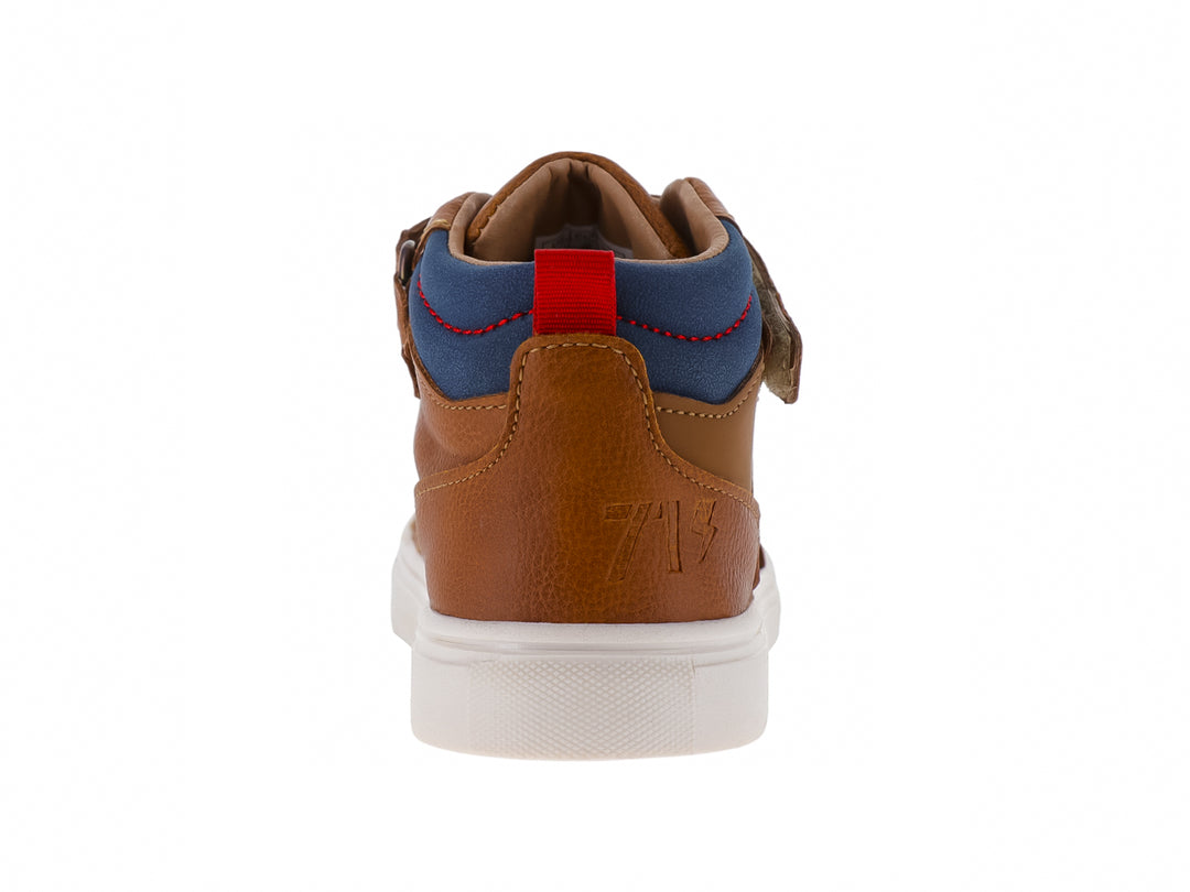 Zapato infantil VAVITO color cognac con detalles en azul, cierre de velcro y suela blanca.
