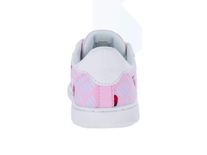 Tenis rosas para niña de Tommy Hilfiger con estampado de corazones y suela blanca.