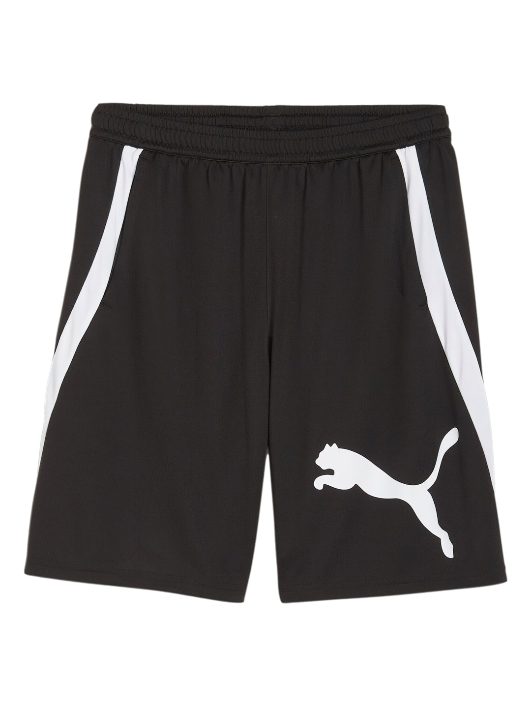 Pantalones cortos deportivos PUMA color negro con franjas blancas laterales y logotipo blanco en la pierna izquierda.