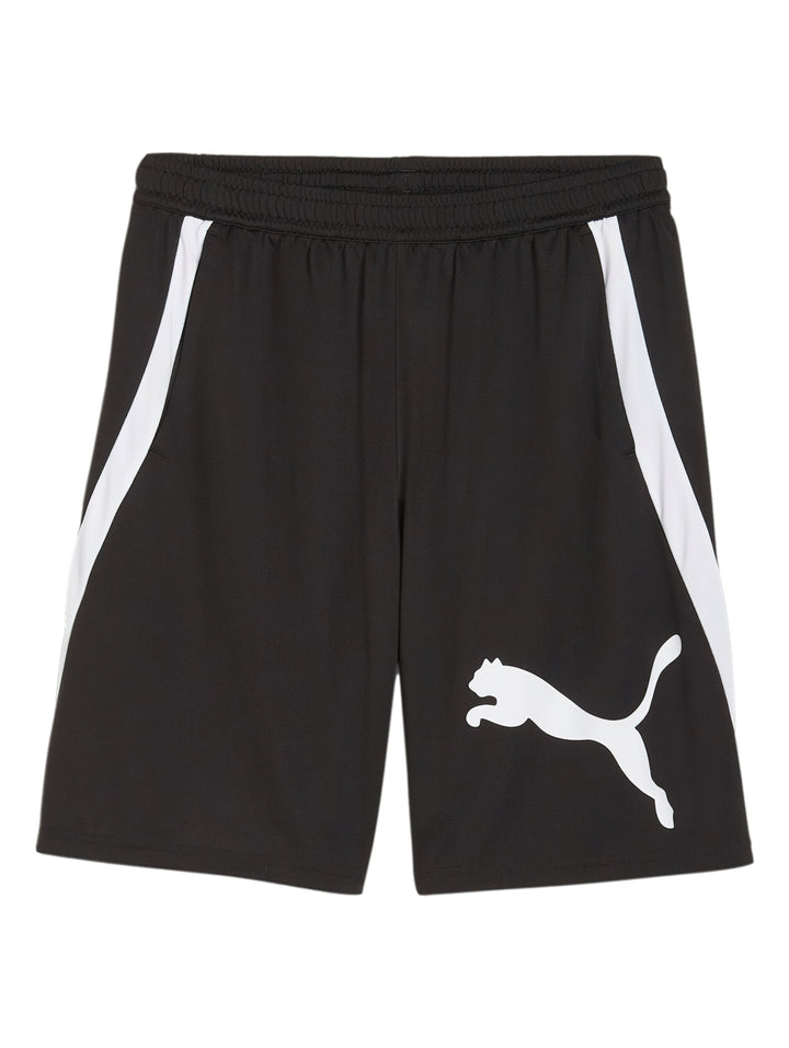 Pantalones cortos deportivos PUMA color negro con franjas blancas laterales y logotipo blanco en la pierna izquierda.