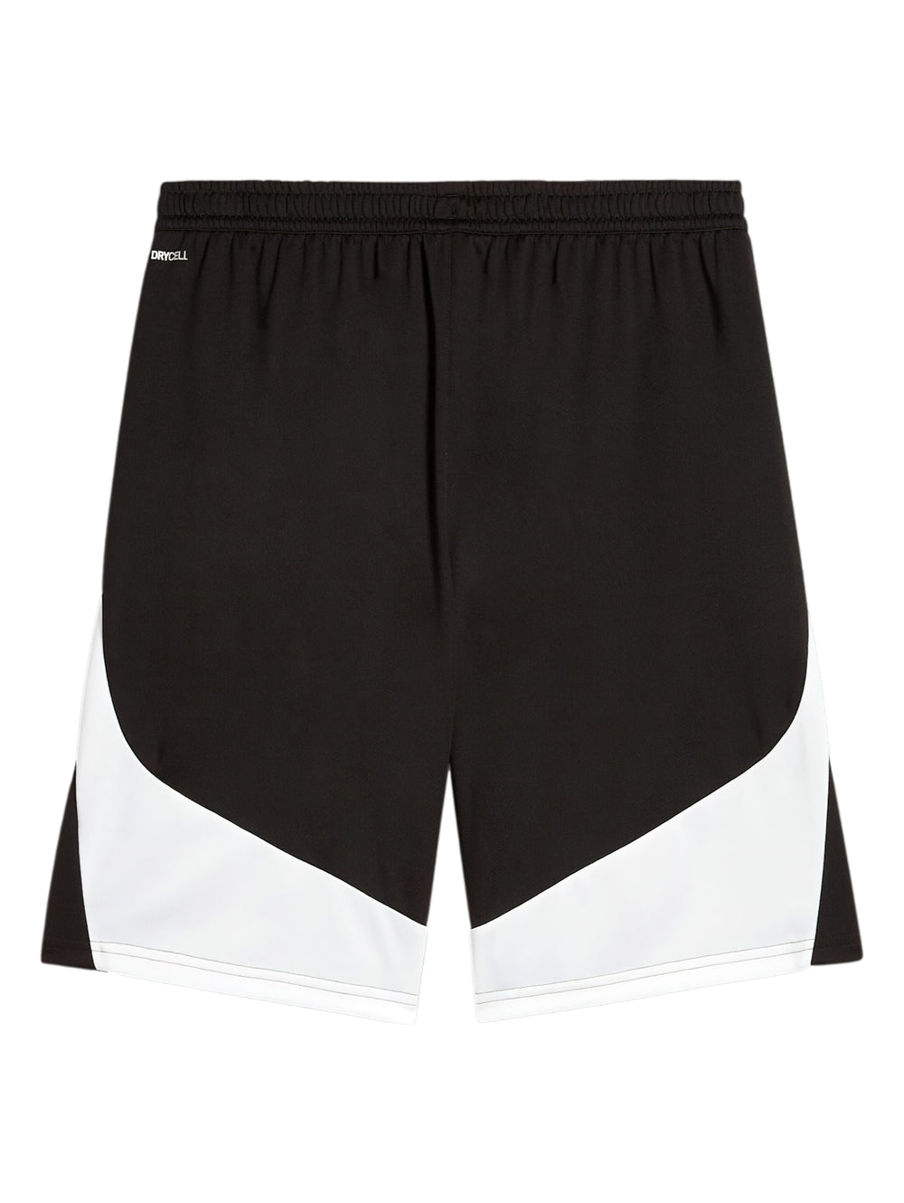 Pantalones cortos deportivos PUMA color negro con franjas blancas laterales y logotipo blanco en la pierna izquierda.