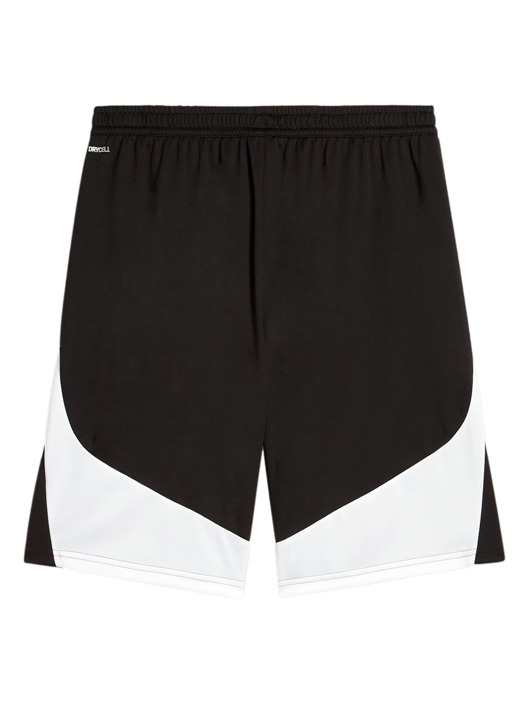 Pantalones cortos deportivos PUMA color negro con franjas blancas laterales y logotipo blanco en la pierna izquierda.
