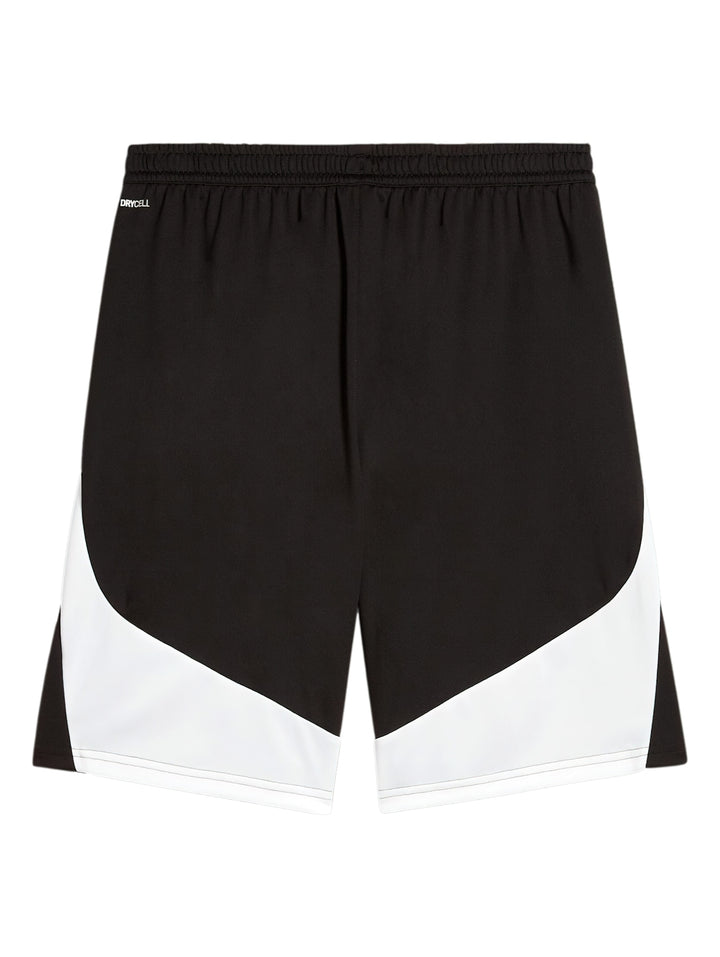 Pantalones cortos deportivos PUMA color negro con franjas blancas laterales y logotipo blanco en la pierna izquierda.