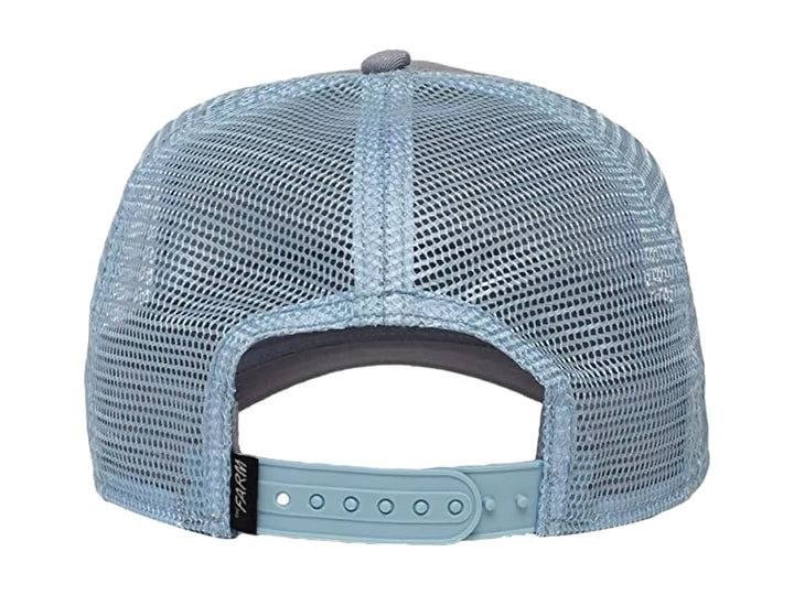 Gorra Goorin Bros color indigo con malla trasera y un parche frontal bordado de la cabeza de un león.