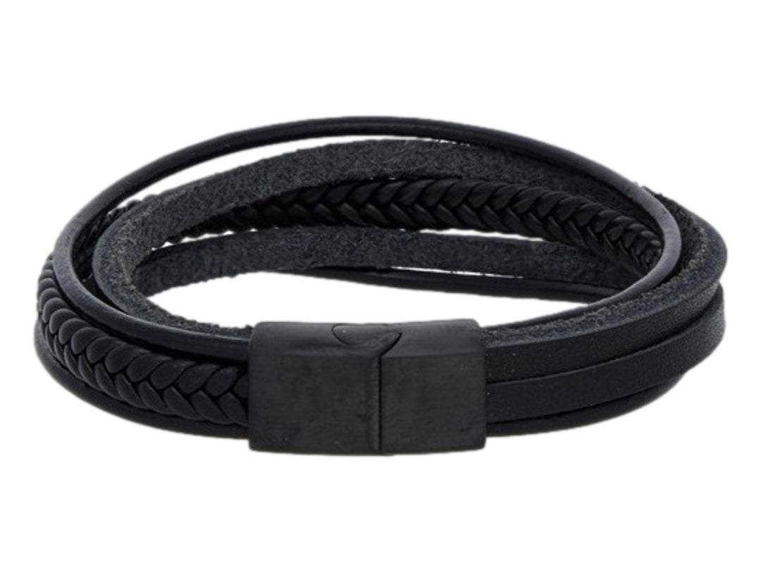 Pulsera de cuero negro con diseño trenzado y cierre metálico rectangular mate.