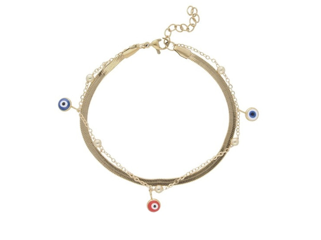 Pulsera dorada de cadena con tres dijes circulares de ojo turco en colores azul y rojo.