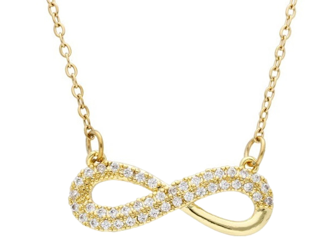 Collar dorado con dije en forma de símbolo de infinito decorado con cristales brillantes.