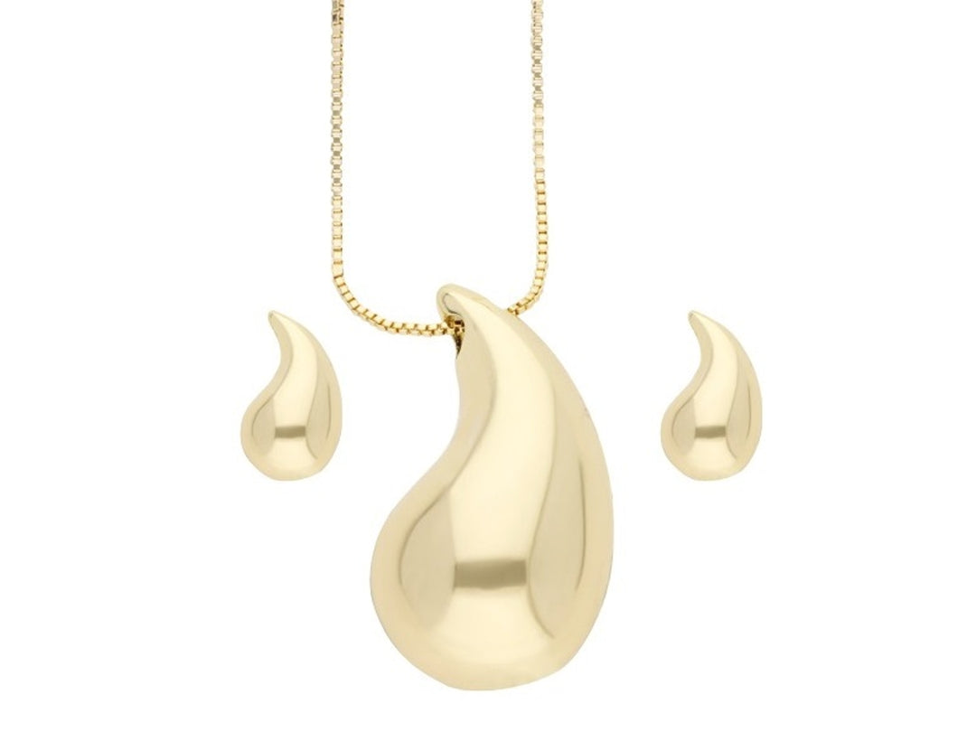 Set de joyería dorado compuesto por un collar y aretes con diseño en forma de gota pulida.