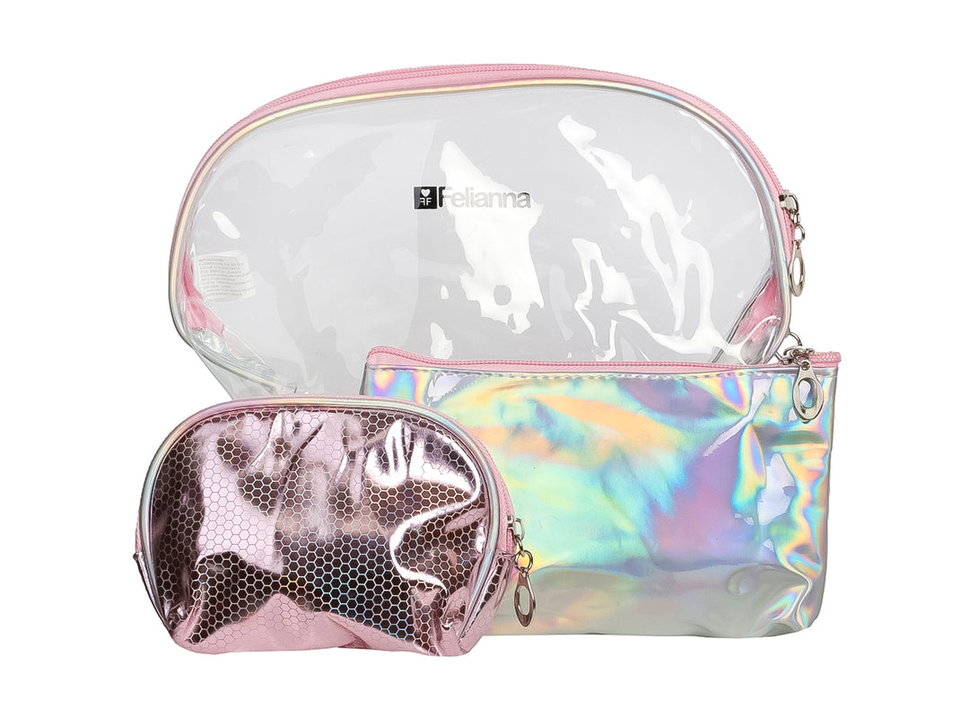 Set de tres neceseres Felianna en tonos rosa, transparente e iridiscente.