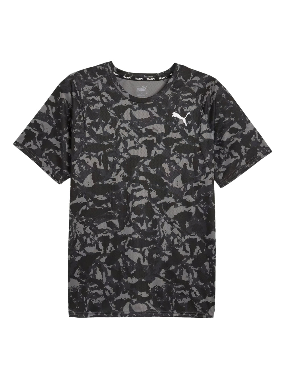 Camiseta deportiva PUMA de manga corta con estampado de camuflaje en colores negro y gris.