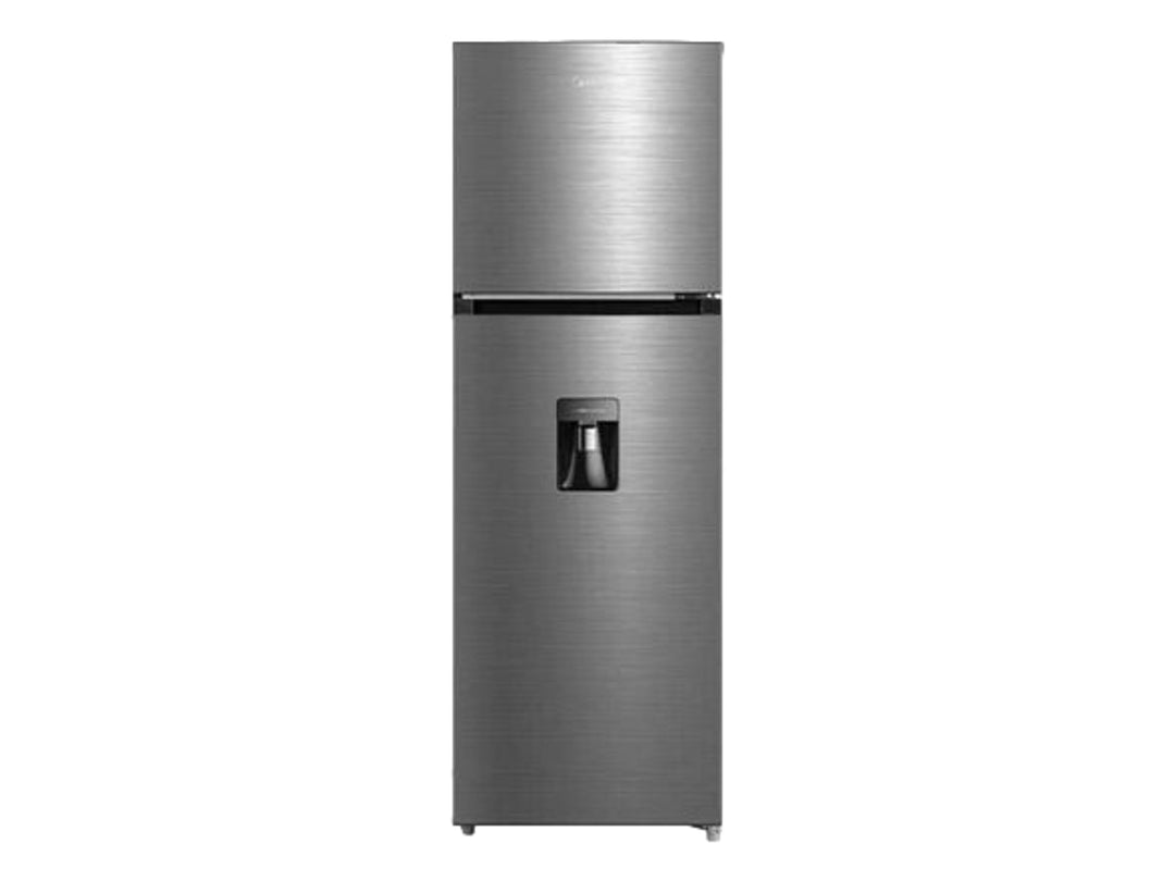 Refrigerador Midea color silver con dispensador de agua frontal y diseño moderno.