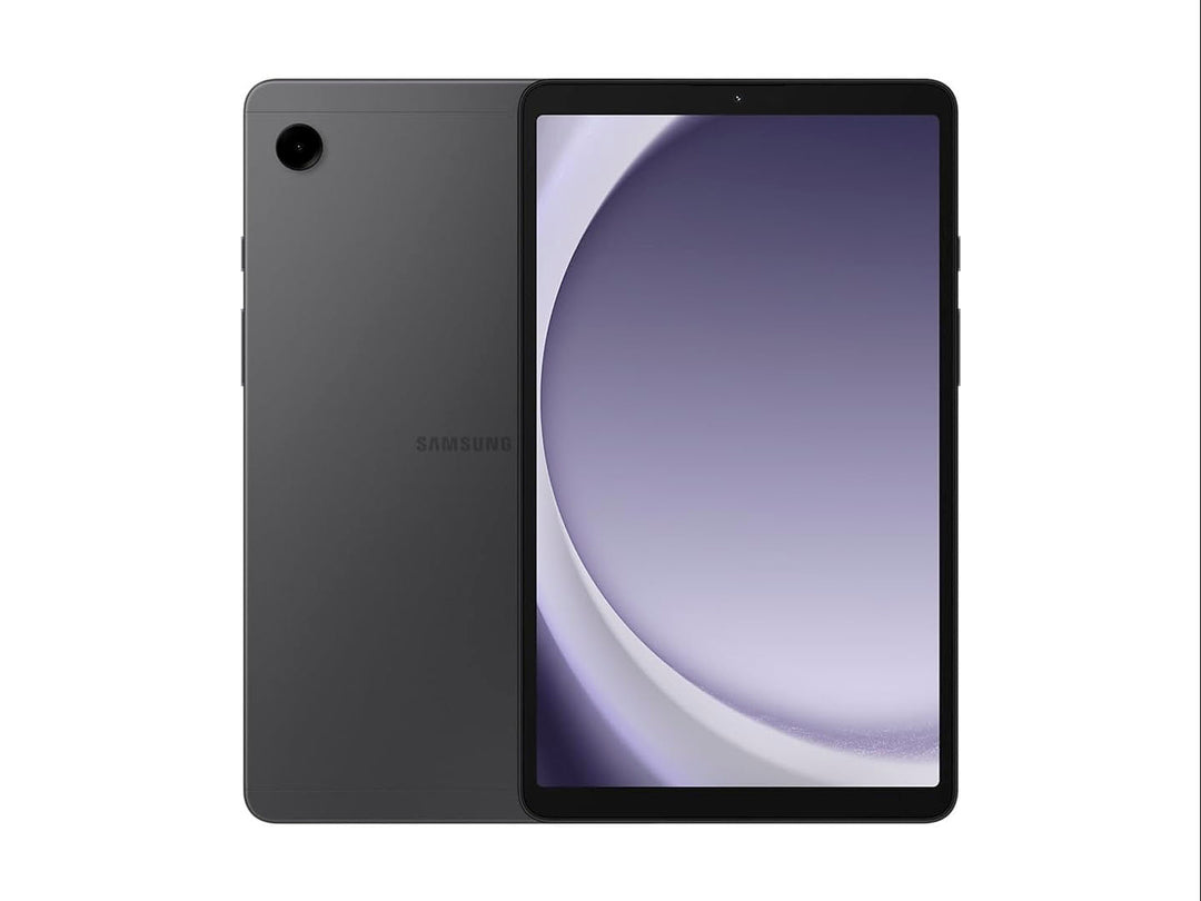 Tablet Samsung Galaxy Tab A9 en color gris, vista frontal y posterior sobre fondo blanco.
