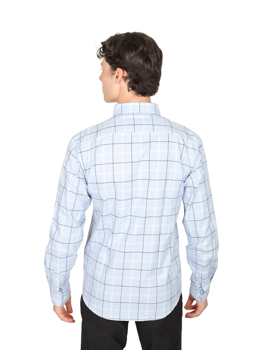 Hombre vistiendo una camisa azul claro a cuadros con manga larga y cuello.