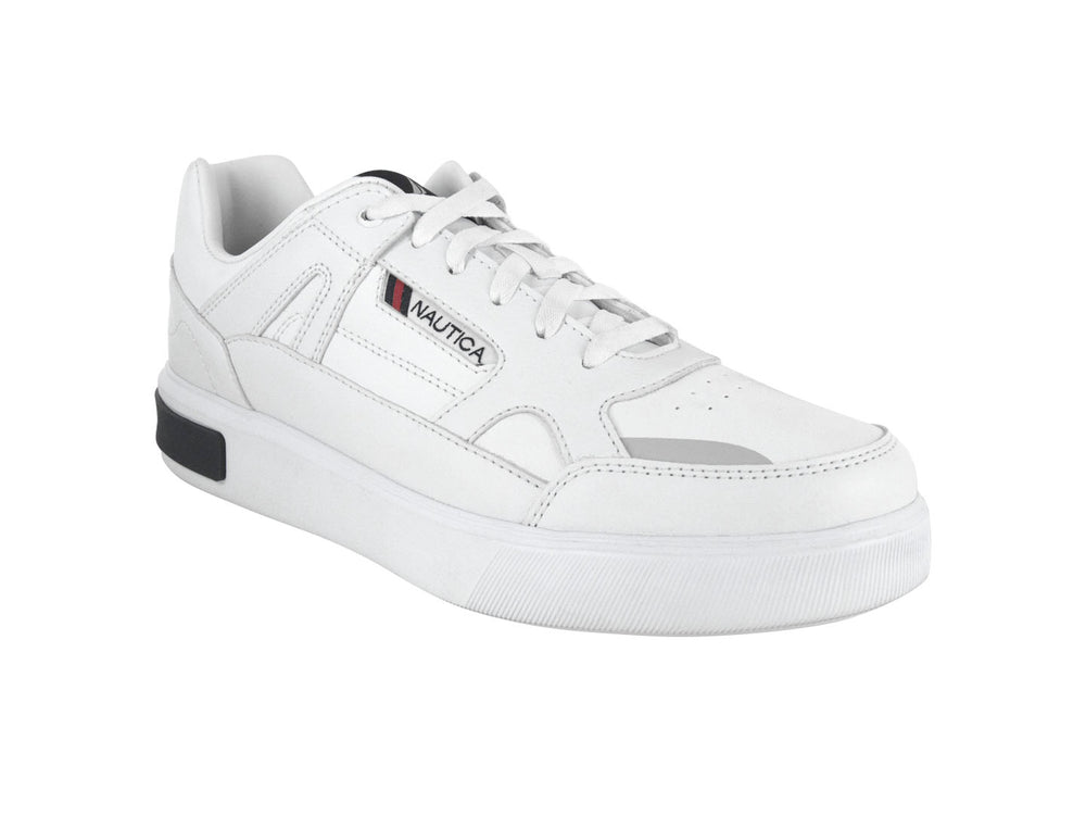 Tenis blancos Nautica Blym con suela de plataforma y detalle negro en el talón.