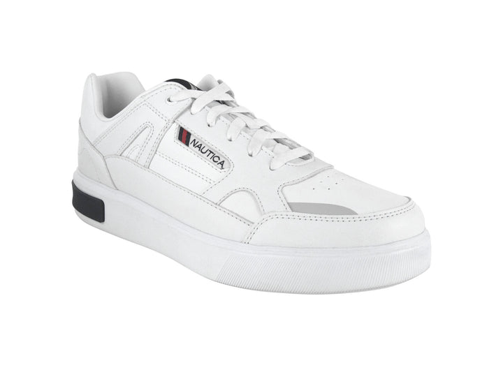 Tenis blancos Nautica Blym con suela de plataforma y detalle negro en el talón.