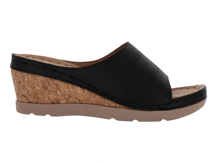 Sandalia negra de cuña con plataforma de corcho y suela beige para mujer.