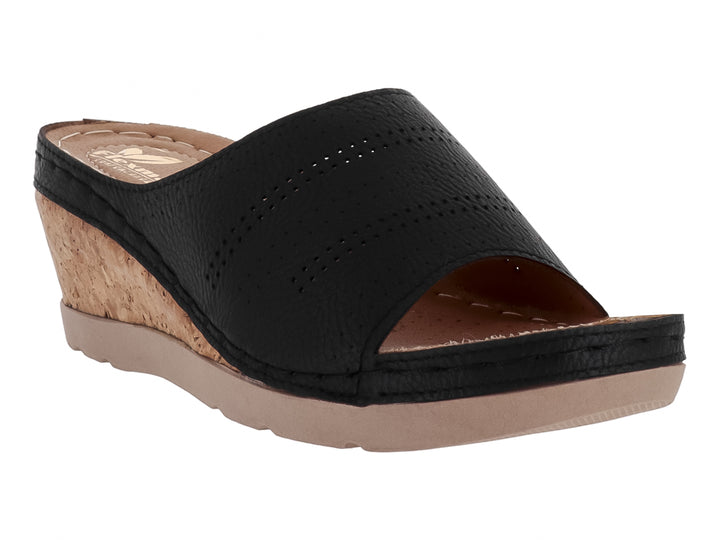Sandalia negra de cuña con plataforma de corcho y suela beige para mujer.