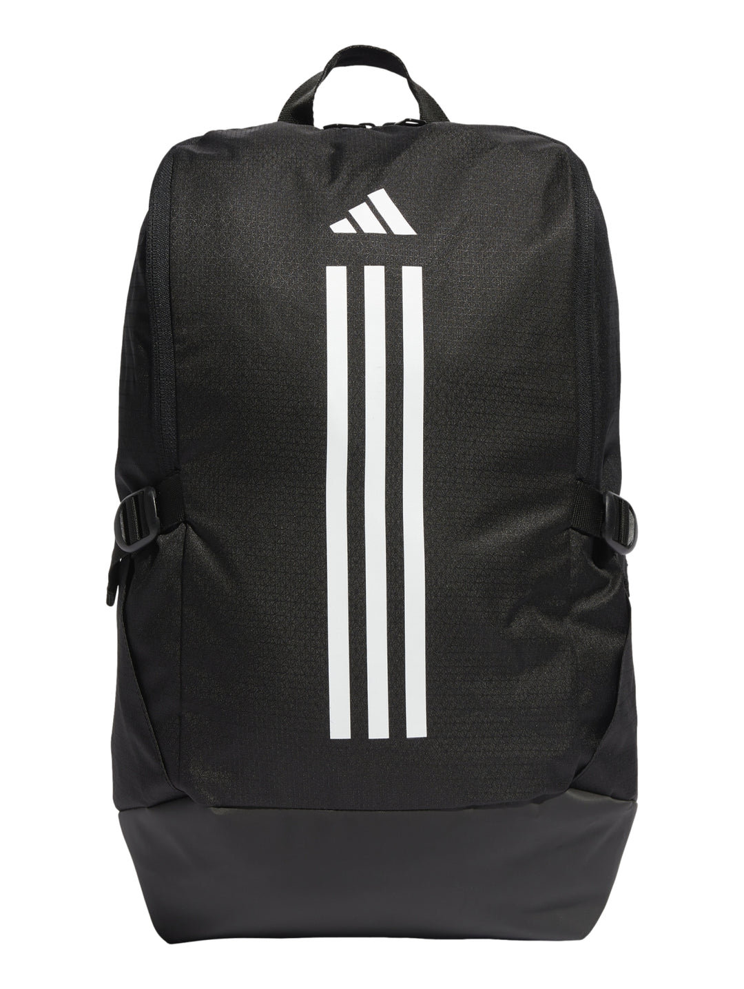 Mochila Adidas color negro con tres franjas verticales blancas y logotipo en la parte superior.