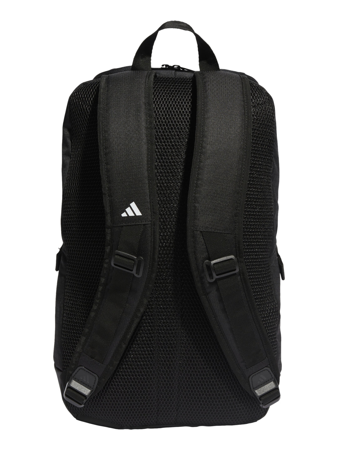 Mochila Adidas color negro con tres franjas verticales blancas y logotipo en la parte superior.