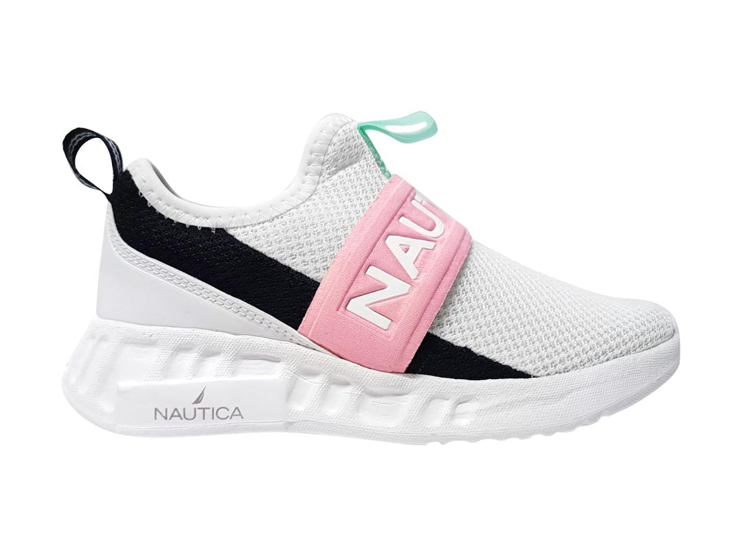 Tenis deportivos Nautica para niño o niña en color blanco con detalles en rosa y negro.