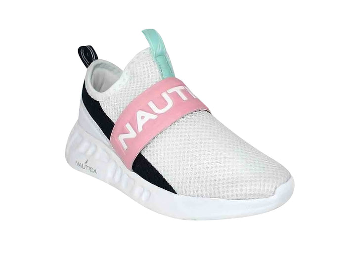 Tenis deportivos Nautica para niño o niña en color blanco con detalles en rosa y negro.