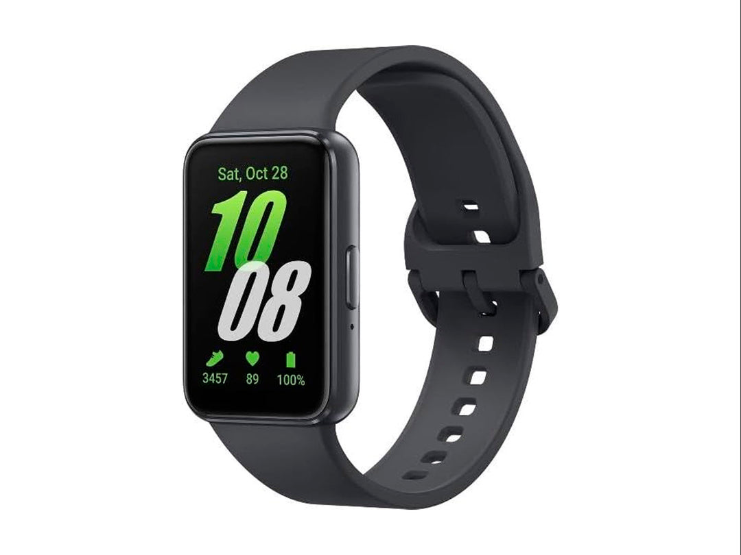 Reloj inteligente Samsung Galaxy Fit3 de color negro con pantalla rectangular y correa de silicona mate.
