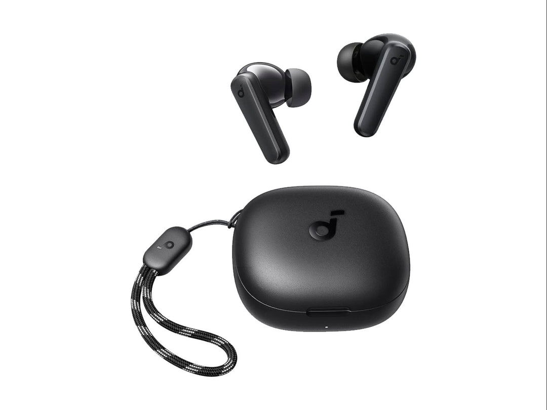 Audífonos inalámbricos Soundcore Anker P25i en color negro con su estuche de carga y correa