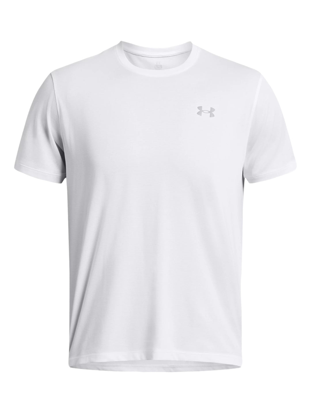 Hombre vistiendo una playera deportiva de manga corta color blanco de la marca Under Armour.