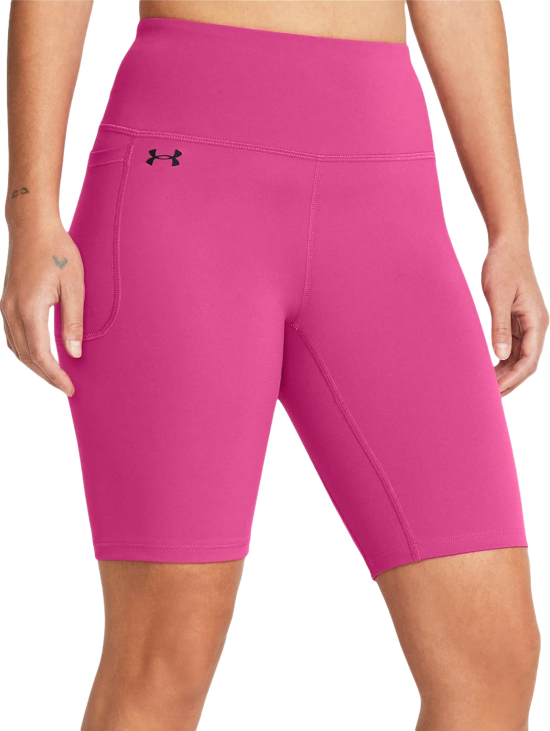 Biker shorts deportivos de color rosa Under Armour con cintura alta y bolsillo lateral para mujer.