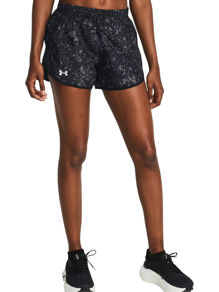 Shorts deportivos Under Armour color negro con estampado reflectante gris para mujer.