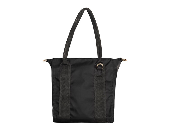 Bolsa de hombro color negro de la marca Ferretina, fabricada en tela lisa con asas largas y cierre superior.
