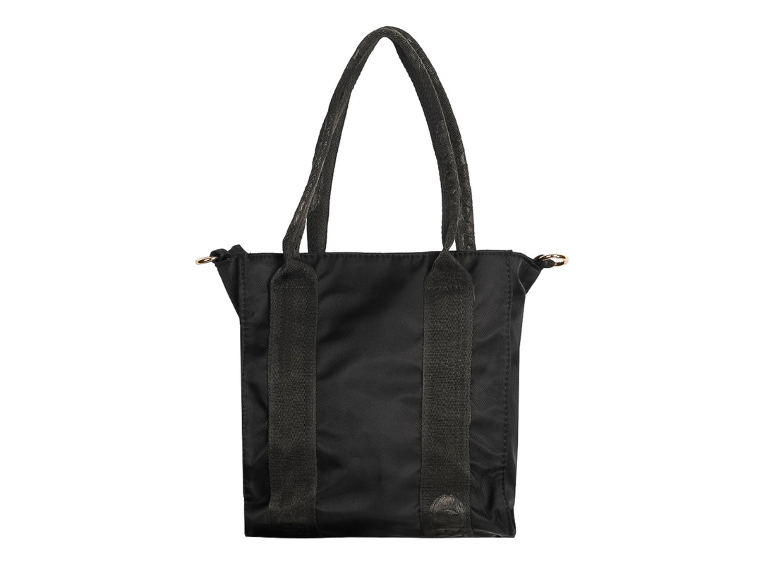 Bolsa de hombro color negro de la marca Ferretina, fabricada en tela lisa con asas largas y cierre superior.